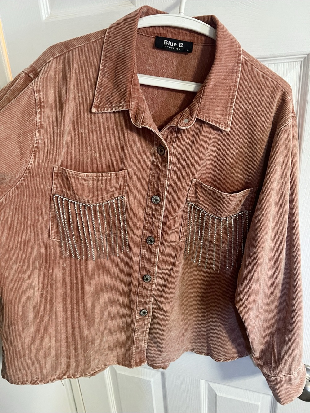Women’s Pink Corduroy Shacket with Rhinestone Fringe Pocket Detail L - Picture 2 of 8